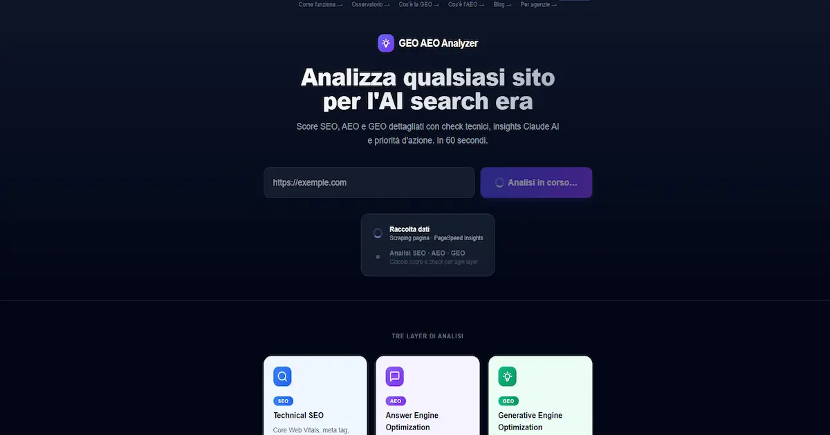 GEO AEO Analyzer — analisi SEO AEO GEO in corso su sito PMI italiana: inserimento dominio e avvio dei 35 check automatici