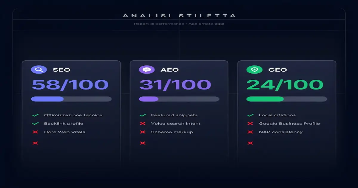 Report GEO AEO Analyzer per sito WordPress — punteggi SEO AEO GEO e priorità di intervento