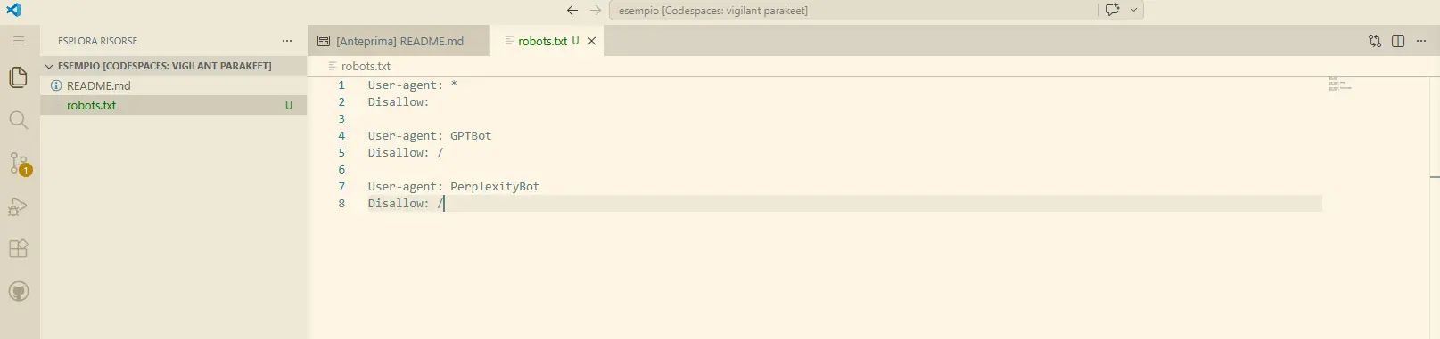 Esempio di robots.txt WordPress con GPTBot e PerplexityBot bloccati — causa principale di invisibilità su ChatGPT